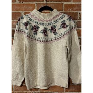 Vintage Tanner Sport Women's Wool Ivory‎ Pink Floral Pullover Snow Skiing Medium